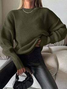 EURMUSE Women Round Neck Raglan Long Sleeve Loose Knit Sweater - Dark Green - View 5