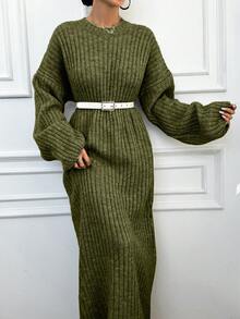 EURMUSE 女式纯色圆领落肩长袖休闲针织连衣裙 - 軍綠色 - 查看 4