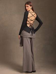 L'Amorae Women's Fashionable Sexy Backless Lace-Up Long Sleeve Top