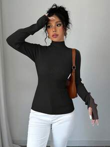 EMERY ROSE Women's Casual Everyday Commute Minimalist Two-Tone Turtleneck Thumb Hole Raglan Sleeve Slim Fit Sweater, Autumn/Winter