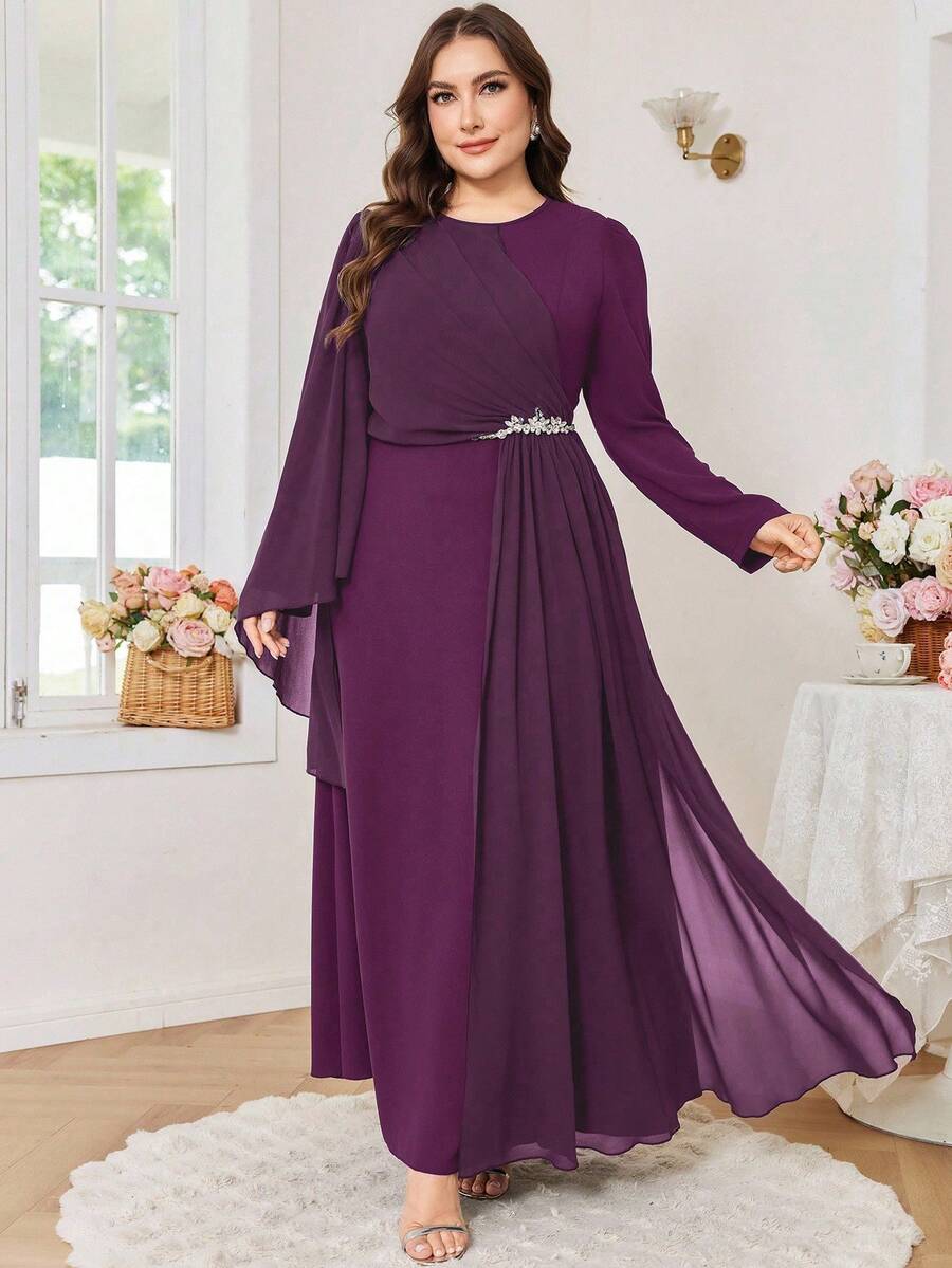 Modelyn Đầm dự tiệc cổ tròn đính đá Rhinestone thanh lịch cỡ lớn dành cho nữ - Màu tím - Xem 1