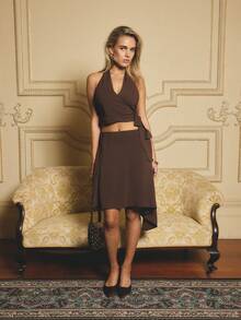 Aralina Women's 2pcs Dark Brown Chiffon Halter Wrap Tie Waist Top And Asymmetrical Hem Midi Skirt Set,Summer Elegant Party Night Vacation Holiday Outfits - Brown - View 5