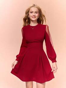 SHEIN Váy cocktail dự tiệc ngoài trời giản dị dành cho bé gái tuổi teen, mùa xuân/thu, cổ tròn, tay bồng, chất liệu lưới dệt kim thanh lịch - Đỏ - Xem 4