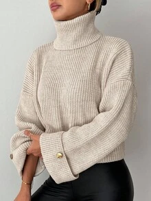 EURMUSE Jersey cuello alto de hombros caídos - Beis - Ver 3
