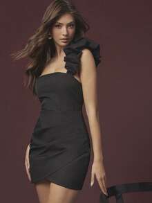 L'Amorae Damen Puff-Schulter Bodycon Mini Cocktailkleid für Urlaub, Herbst, Hochzeitsgäste, glamouröse Nacht aus - Schwarz - Übersicht 1