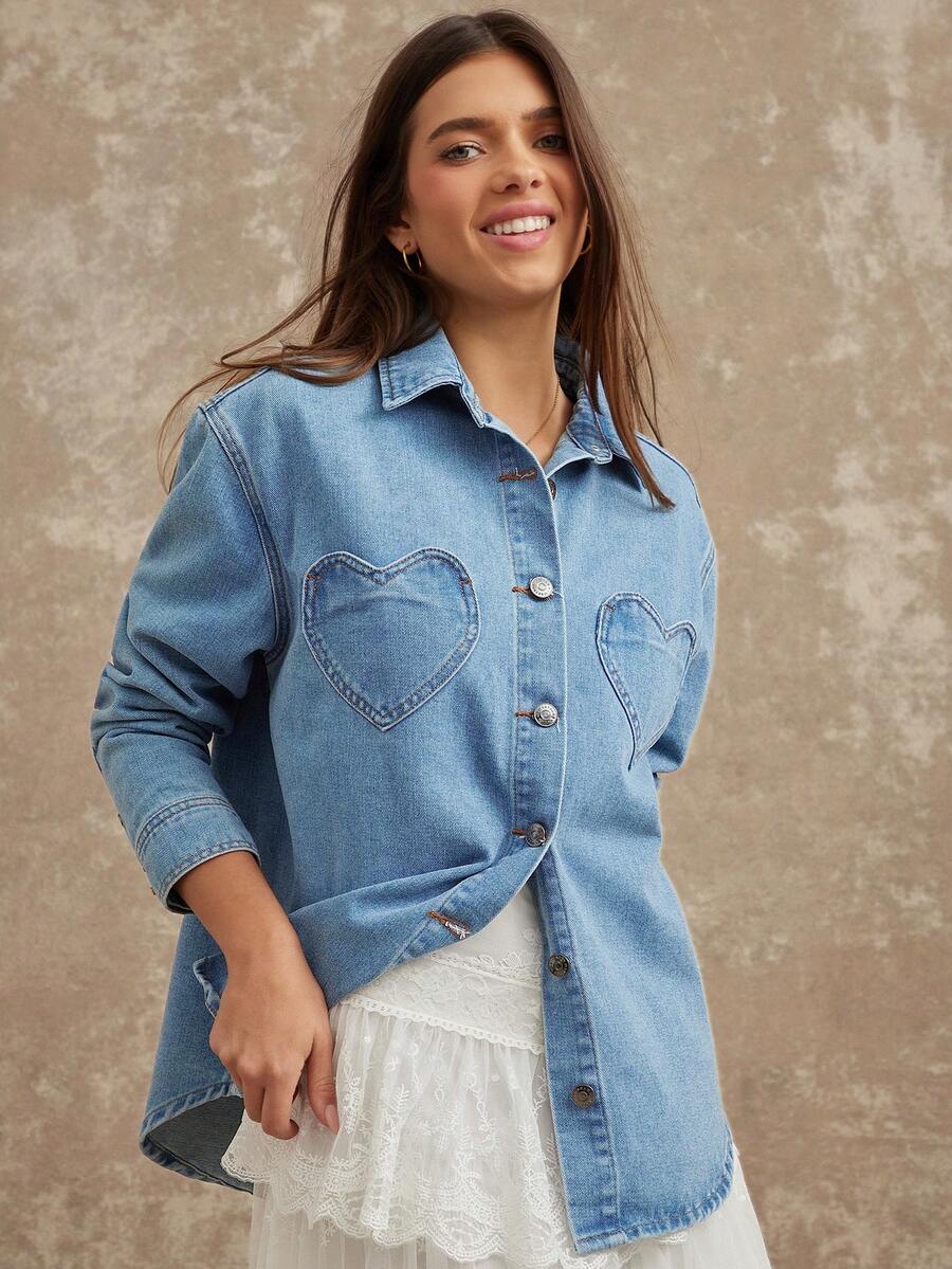WESTFADE Heart Pocket Collared Button Front Cotton Blend Denim Shirt Jacket Shacket Cute Fall Tops, Autumn, Winter, Casual, Western Wear, Cowgirl Clothes, Boho, Country Concert