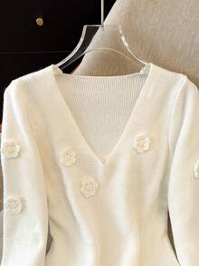 SHEIN Franclia French Handmade 3D Floral V-Neck Long Sleeve Knit Sweater