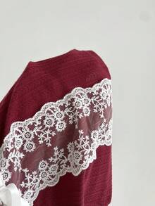 Elamini Women's Casual Fashionable Lace Patchwork Knit Camisole, Autumn/Winter - Burgundy - View 3