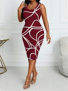 SHEIN Lady 2025新款春夏秋冬针织酒红色泡泡袖开襟短款上衣，修身几何图案经典印花直筒连衣裙，大码两件套，曲线连衣裙套装，长袖优雅连衣裙，紧身优雅连衣裙，红色连衣裙，万圣节服装，圣诞节服装，时尚服装系列，女士冬季服装 - 酒紅色 - 查看 4