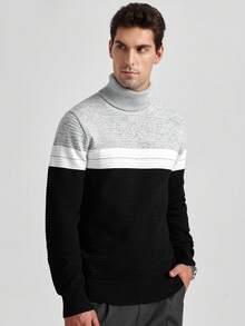 Manfinity Homme 男士时尚撞色高领长袖套头毛衣，秋冬款 - 黑色 - 查看 3