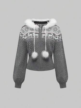 ROMWE Avant Vintage Y2K Fair Isle Muster Fransen Saum Kurze Taillierte Damen Kapuzen Strickjacke