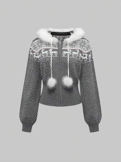 ROMWE Avant Vintage Y2K Fair Isle Pattern Fringe Hem Cropped Fitted Women Hooded Cardigan