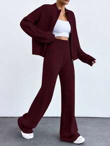 EURMUSE Drop Shoulder Zip Up Cardigan & Knit Pants - Burgundy - View 5