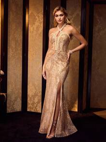 MOTF Soiréza 优雅露背无袖人造珍珠串珠高开衩美人鱼下摆礼服，适合秋冬正式活动和庆典 - 香檳色 - 查看 5