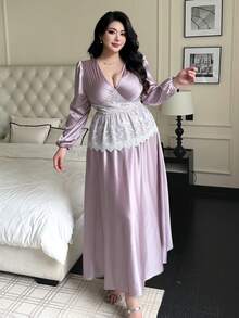Flirla Elegant Contrast Lace Long Dress Bride Purple Gown - Mauve Purple - View 5