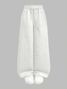 SHEIN 3 件套青少年女孩休闲运动裤，黑色和灰色，低腰松紧腰带宽松阔腿慢跑裤