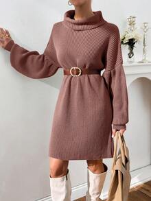 EURMUSE Vestido de suéter con cuello alto y mangas abullonadas para mujer - Rosa vieja - Ver 7