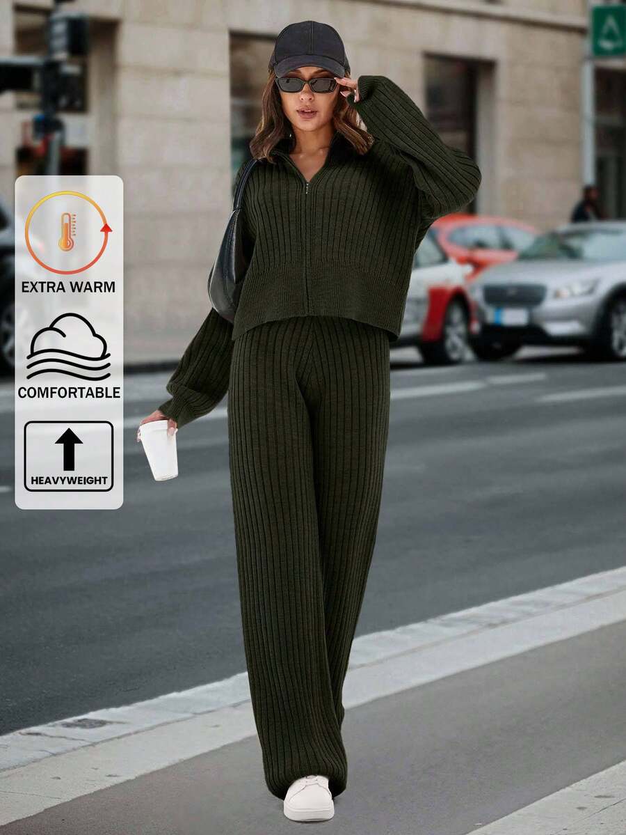 SHEIN Tall Cardigan com zíper e ombros caídos e calças de malha - Verde de Exercício - Ver 1