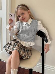 SHEIN Young Girl Ribbed Knit Sweater Vest With Cable Texture, Elegant & Cute, High Quality, Warm & Soft, Versatile For Play, Daily Wear, School, Autumn & Winter,Pairing White Shirt,Back To School Season.College Style, - Light Grey - View 6