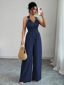 Selianne 女式 V 领系腰阔腿连体裤，蓝色，休闲夏季服装 - 藏蓝色 - 查看 3