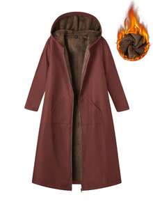 SHEIN Unity Plus Size Women Casual Everyday Commute Zip-Up Hooded Long Fleece Jacket, Autumn/Winter - Redwood - View 1
