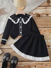 SHEIN Playful Pals Young Girl Casual And Cute Black Knitted Long-Sleeved Cardigan With Pearl Contrast Color And A Ruffled Knitted Short Skirt. Soft And Comfortable, Suitable For Daily Occasions, Outdoor Scenes, Travel Scenes, Vacation Scenes, Home Scenes, Nursery Scenes, And Children Playing - Black - View 7