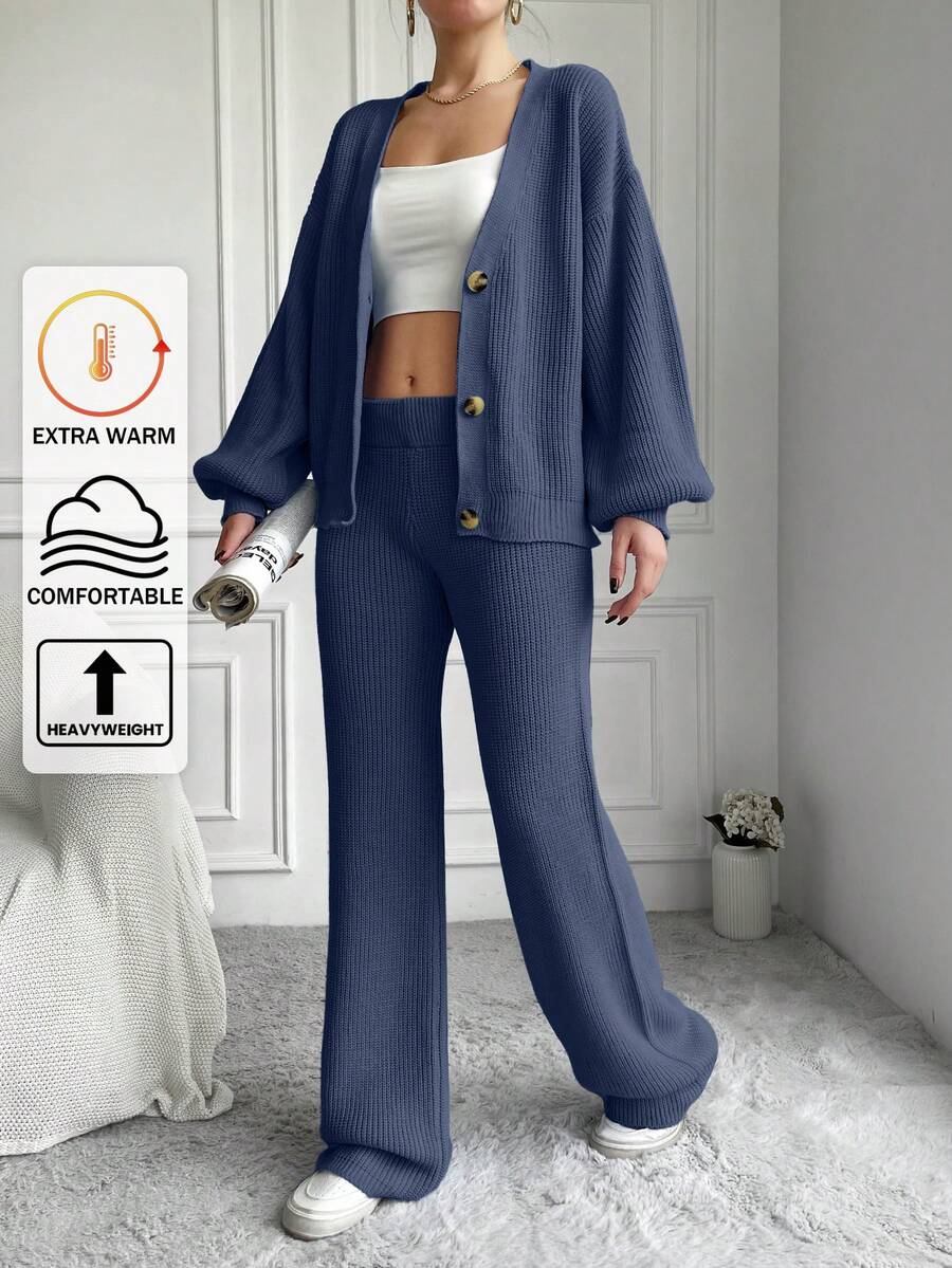 EURMUSE Women Knitted Ribbed Cardigan Sweater & Pants 2 Pieces Set, Autumn/Winter - Dusty Blue - View 1