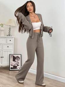 SHEIN EZwear 秋冬女士休闲纯色宽肩带开衫和抽绳腰喇叭裤两件套 - 咖啡棕 - 查看 5