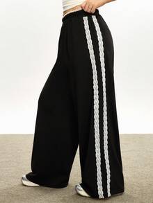 Rina Fox 女式撞色侧条纹撞色蕾丝直筒运动裤 - 黑色 - 查看 4