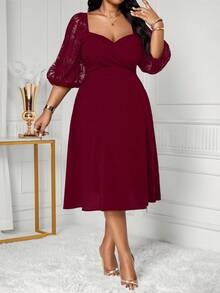 SHEIN Lady Christmas  New Plus Size Burgundy Solid Color Long Sleeve Dress, Minimalist And Fashionable, Suitable For Summer Easter Dress Women Graduation Dress Wedding Guest Dress Women Wedding Guest Dress Women Business Casual Woman/Christmas Summer Dress Clothes For New Year Thanksgiving Outfits For Women Vacation Outfits Women Red Dress  Stylish Clothing Collection Summer Dress  Red Dress Plus Size Dresses Burgundy Elegant Midi Dress Puffy Sleeve Dress Long Sleeve Elegant Dress Belle Elegant Dress/Christmas Dress - Burgundy - View 3