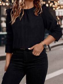 EMERY ROSE Camisa de manga larga con volantes en el bajo para mujer de talla grande, otoño/invierno - Negro - Ver 4
