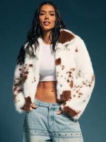 Denimoi Abrigo corto de mujer con manga larga y cuello de piel sintética - Blanco - Ver 1