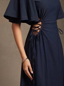 L'Amorae Women Stretch Mock Neck Midi Dress With Flutter Sleeve And Matching Head Scarf - Navy Blue - View 2