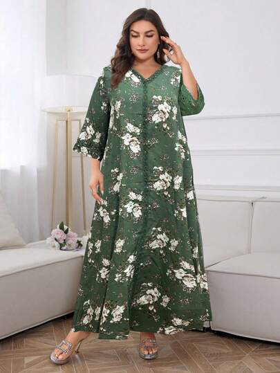 Al Najma Plus Size V-Neck Floral Printed Summer Elegant Arabic Dress, Full Length Homewear Jalabiya Loose Dress For Spring/Summer