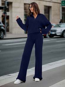 SHEIN Tall Drop Shoulder Zip Up Cardigan & Knit Pants,Petite Co Ord Set,Co Ords Sets Women,Petite Co Ord,Winter Co Ord Set,Co Ord,Loungewear Set,Knitted Co Ord Set,Petite,Winter Clothes,Two Piece Set Women - Navy Blue - View 4