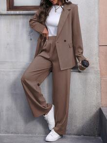 EMERY ROSE 女士纯色翻领长袖时尚百搭套装，女士裤装西装外套套装，棕色裤装套装，女士两件套，女士商务休闲装 - 咖啡棕 - 查看 6