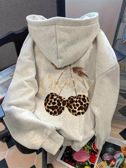 SHEIN sweat-shirt à capuche décontracté et ample avec imprimé lettres et cerises pour femmes