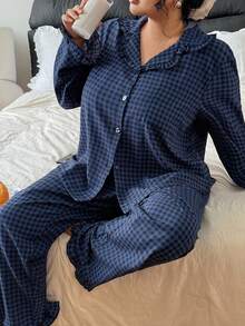 Plus Size Plaid Lapel Top & Pants Pajama Set Fall Winter Clothes - Multicolor - View 4
