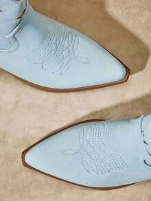 SHUZIA 女式迷人尖头粗跟刺绣西部牛仔踝靴 - 淺藍色 - 查看 7