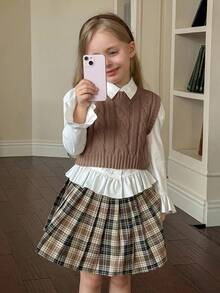 SHEIN Young Girl Ribbed Knit Sweater Vest With Cable Texture, Elegant & Cute, High Quality, Warm & Soft, Versatile For Play, Daily Wear, School, Autumn & Winter,Pairing White Shirt,Back To School Season.College Style,