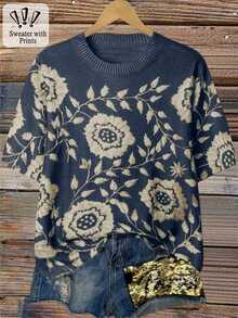 Linhara Plus Size Women Colorblock Knit Round Neck Printed Short Sleeve Casual Pullover Sweater, Random Print, Autumn/Winter - Royal Blue - View 1