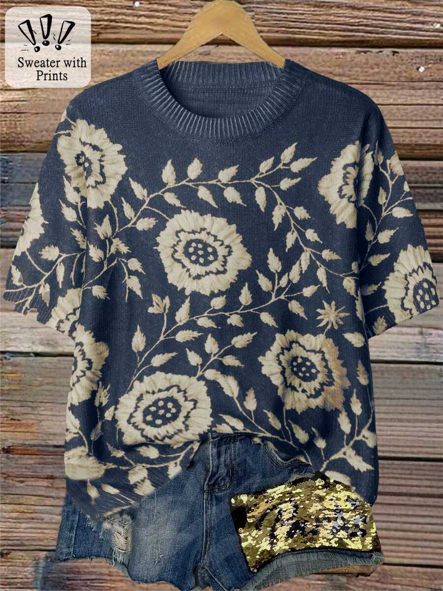 Linhara Plus Size Women Colorblock Knit Round Neck Printed Short Sleeve Casual Pullover Sweater, Random Print, Autumn/Winter - Royal Blue - View 1