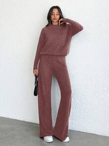 SHEIN Tall 女款假領落肩針織毛衣 2件/套，小碼套裝，套裝，小碼，冬季衣物，高個女性 - 藕粉色 - 查看 3