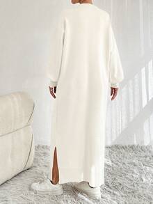 SHEIN Tall Women's Solid Color Round Neck Drop-Shoulder Long Sleeve Casual Minimalist Knitted Dress, Petite, Tall Travel Off-White Autumn Everyday - Beige - View 2
