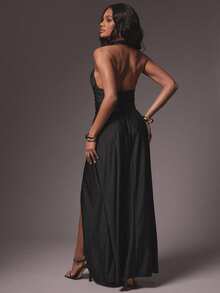 Hauture Sexy Elegant Front Ruched Halter Neck Maxi Dress – Buckle Detail Party & Night Out Dress - Black - View 2