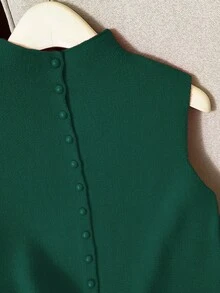 Franclia 休闲宽松高领无袖针织纽扣设计红色女式毛衣上衣，春秋 - 墨綠色 - 查看 4