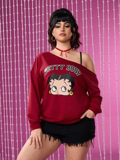 Betty Boop x SHEIN Plus Size Women Casual Fashionable Street Letter & Cartoon Figure Graphic Asymmetrical Neck Loose Sweatshirt, Spring/Autumn