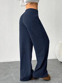 SHEIN EZwear 女式纯色简约日常新款罗纹打底裤 - 藏蓝色 - 查看 2