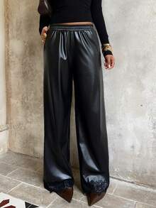 SHEIN Unity Fashionable Commuter PU Lace Patchwork Straight Leg Pants - Black - View 5