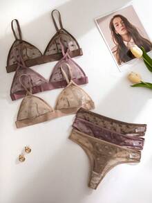 PetitDoll Set de 6 piezas de lencería con sujetador triangular sin aros, de malla jacquard transparente con diseño de corazones, para el Día de San Valentín - Multicolor - Ver 3